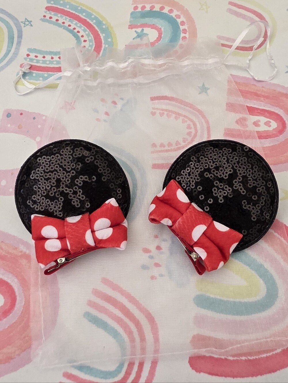 Minnie Mouse Black Sequin Hair Clips with Red Polka Dot Bows